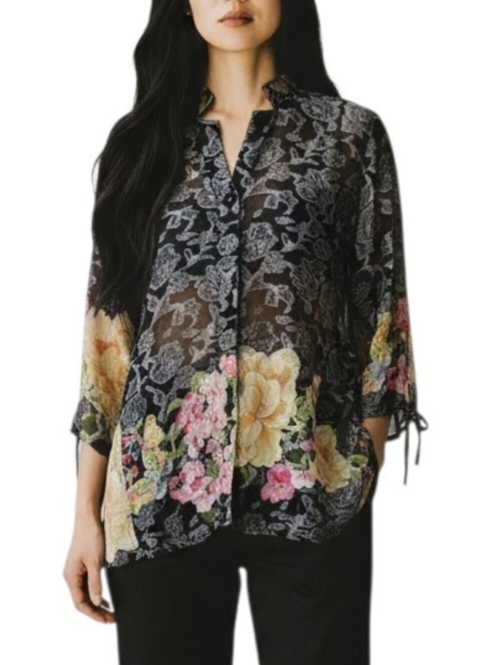 Citron Santa Monica Black Sheer Floral Silk Blend Button-Front Tunic Size PM